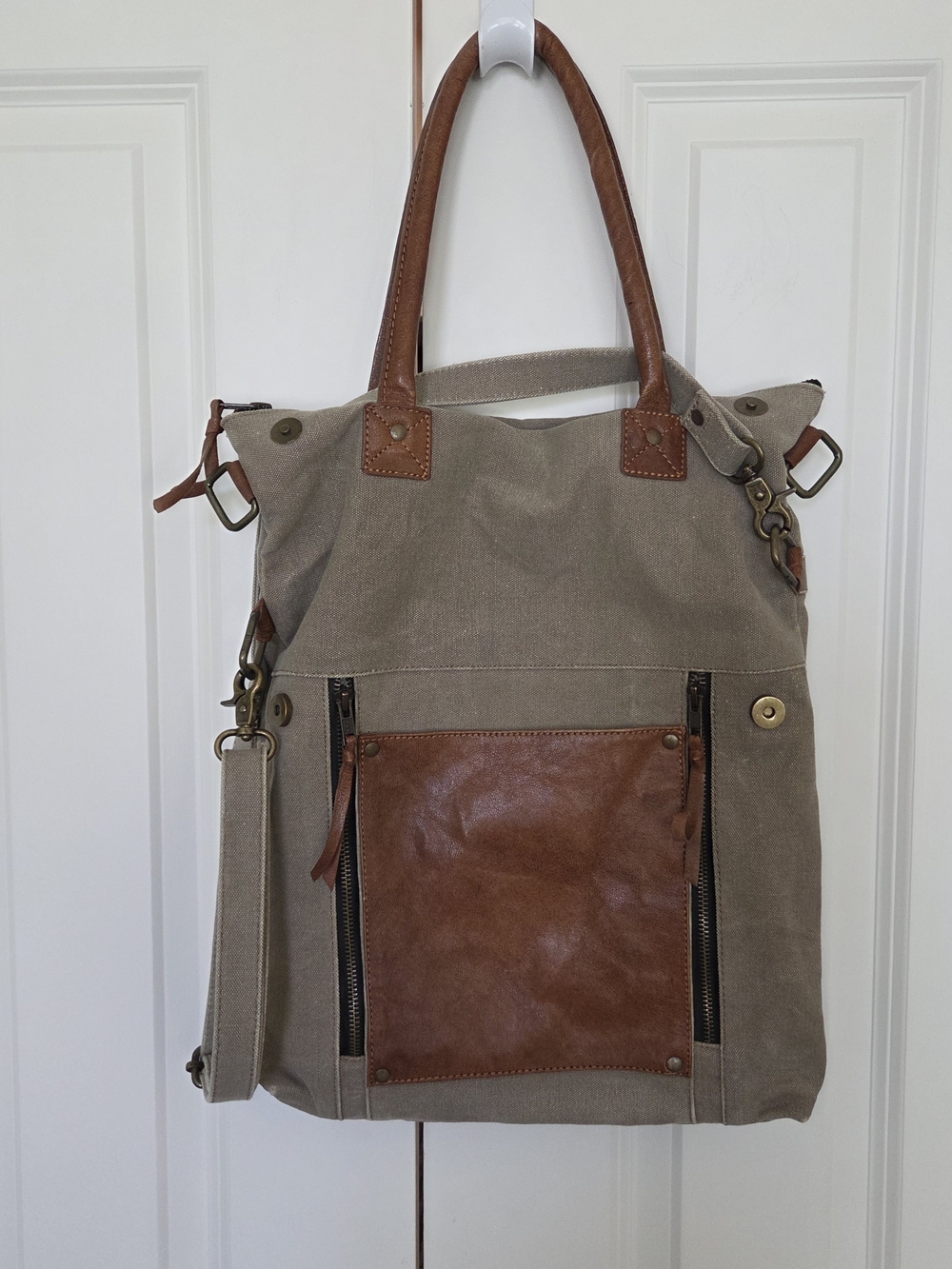 Mona B  Canvas/Leather Trim Lined Multi Pocket Detachable Strap Bag